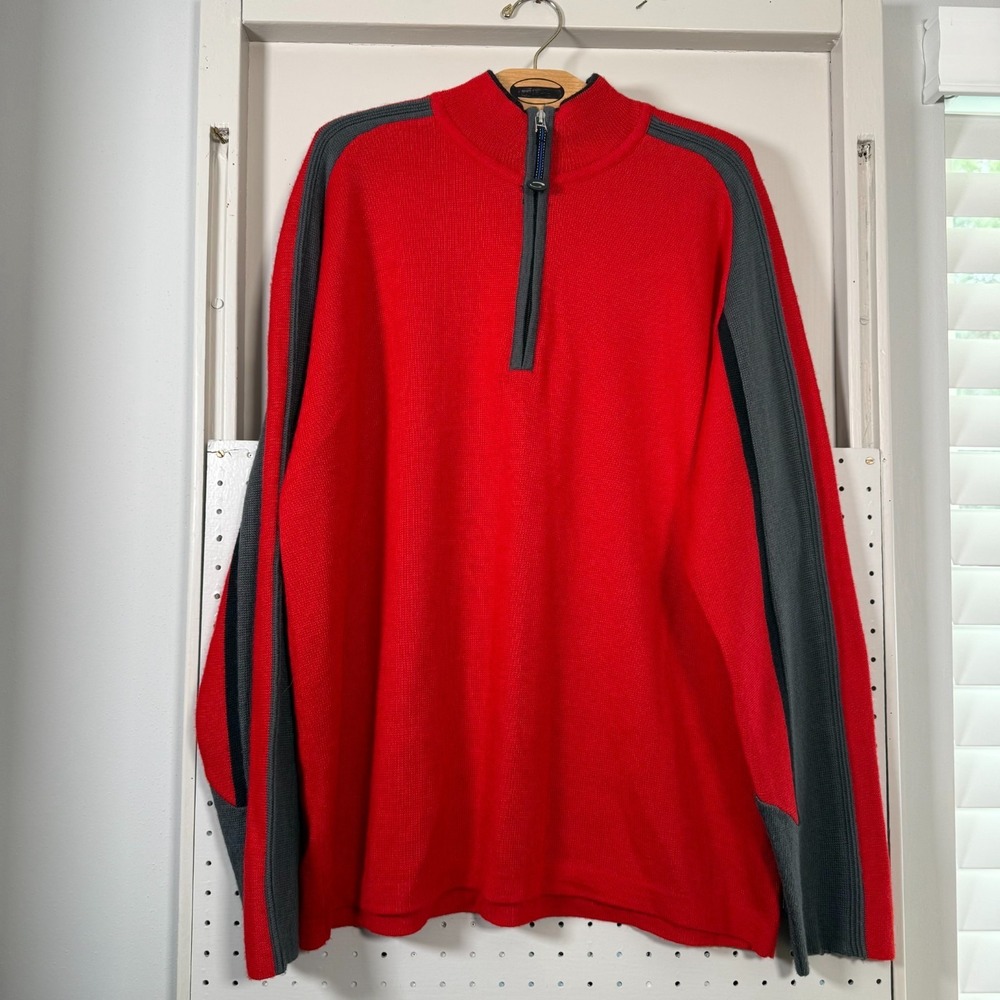 Obermeyer Mesa 1/4 Zip Sweater Men's Red Gray Knit Pullover Vintage Winter Large